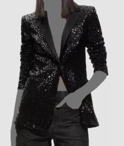 Alice + Olivia Women's Black Breann Sequined Tuxedo Blazer Jacket Coat Size 2 - Picture 1 of 3
