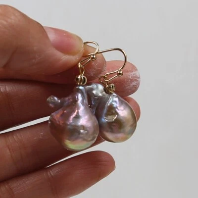 20mm Natural Cultured Baroque Pearl Earrings 18K Gold Ear Drop Dangle P255 - Изображение 1 из 4