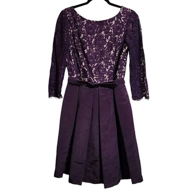ELIZA J Dress Floral Lace Crepe Midi Fit & Flare Plum Purple Size 8 Belted Fairy - Image 1 of 4