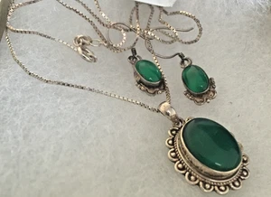 Vintage Poured Glass Necklace Earrings Sterling Silver SET 925 Italy Green Estat - Picture 1 of 11
