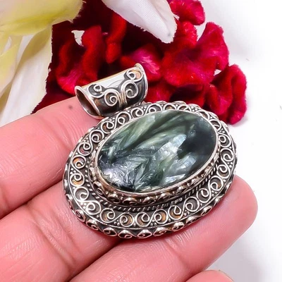 Colgante de plata de ley 925 con bellas artes de serafinita 1,56 Sk60, regalo de Navidad Foto 1 de 4