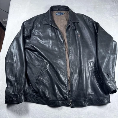 Polo Ralph Lauren Jacket Mens XL Black Leather Zip Front Plaid Lined Coat - Image 1 of 4