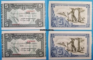 PAREJA billetes SIN CIRCULAR de 5 pesetas 2ª REPÚBLICA ESPAÑOLA BILBAO año 1937. - Bild 1 von 1