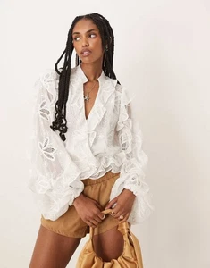 Bardot Frill Embroidered Blouse Crinkled Chiffon Orchid White Size L Top - Picture 1 of 6