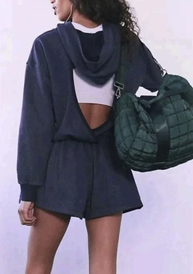 FREE PEOPLE Movement Such A Flirt Open Back Hoodie Romper Midnight Navy Sz S NEW - Image 1 of 4
