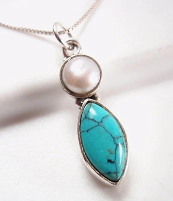 Cultured Pearl and Turquoise Marquise 925 Sterling Silver Necklace Corona Sun  - Image 1 of 2