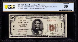 1929 $5 FIRST NATIONAL BANK NOTE CURRENCY ANTIGO WISCONSIN PCGS B VF 30 - Picture 1 of 4