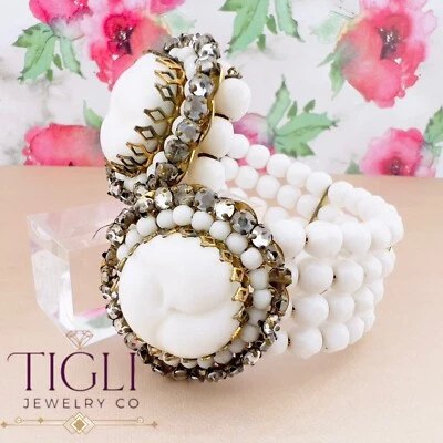 复古 Miriam Haskell 模制白色玻璃和蒙特水钻手链 — 第 1/4 张图片