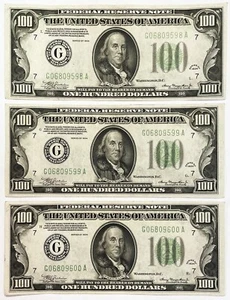 (3) 1934 CONSECUTIVE CHICAGO $100 DOLLAR FEDERAL RESERVE BANK NOTES FR# 2152-G - Picture 1 of 2