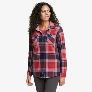 EDDIE BAUER Womens Navy Red Plaid CHUTES Microfleece FLEECE SHIRT Top L TALL - Picture 1 of 3