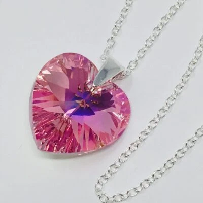 Collar Colgante Corazón Cristal Plata 925 Rosa Hecho con Cristales Austriacos Foto 1 de 4