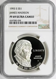 1993-S James Madison $1 Commemorative Silver Dollar NGC PF69UCAM - Picture 1 of 4