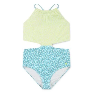 Hurley Girls' 1-Piece Cut Out Swim Suit, Turquoise Waves/Cool Matcha Size 12 - Picture 1 of 3