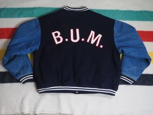 Cappotto giacca bomber vintage anni 90 BUM Equipment lana denim blu patch snap Varsity XL - Foto 1 di 11