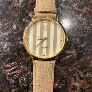 Elegant Charming Charlie Watch Tan Striped Leather Band *Needs Battery - Picture 1 of 15