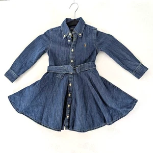 Polo Ralph Lauren Blue Denim Button Down Dress Girls Size 3T Belted Pony Logo - Picture 1 of 11