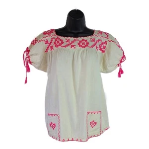Vintage Cross Stitch Sz S/M Pull Over Top Hand Embroidered Gauzy Cotton Pockets - Picture 1 of 9