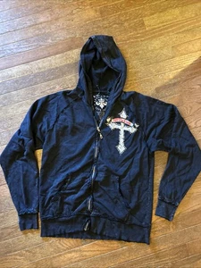 Vtg New Affliction Black Zip Up Hoodie Medium Sweatshirt Jacket Distressed - Picture 1 of 12