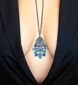 Blue Pendant Vintage Inspired Everyday Long Necklace By Anne Koplik Made In USA - Picture 1 of 6