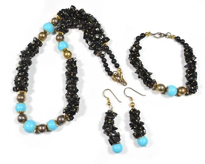 Black Tourmaline & Turquoise Chips & Round Gemstone 17" Necklace Set For Girls - Image 1 of 4