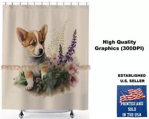 Corgi Pembroke Puppy Dog Floral Watercolor #1 Standard Bathroom Shower Curtain - Picture 1 of 5