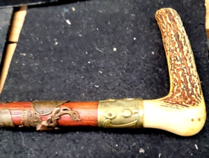 ANTIQUE TIROLEAN STAG HORN WOOD CANE. WITH BRONZE PLAQUES OF 17 LOCATIONS - Picture 1 of 6