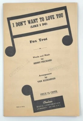 Vintage Orchestral Sheet Music 1944 I Don't Want To Love You Foxtrot H. Prichard - Image 1 of 4