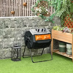 Compost Bin Outdoor 43 Gallon Dual Chamber Tumbling with Sliding Doors Garden - Picture 1 of 8