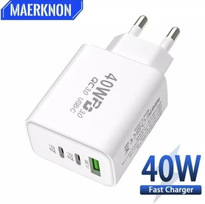 3-fach Schnellladegerät 40W Netzteil 2x USB-C + 1x USB Charger Mehrfach Stecker - Bild 1 von 4