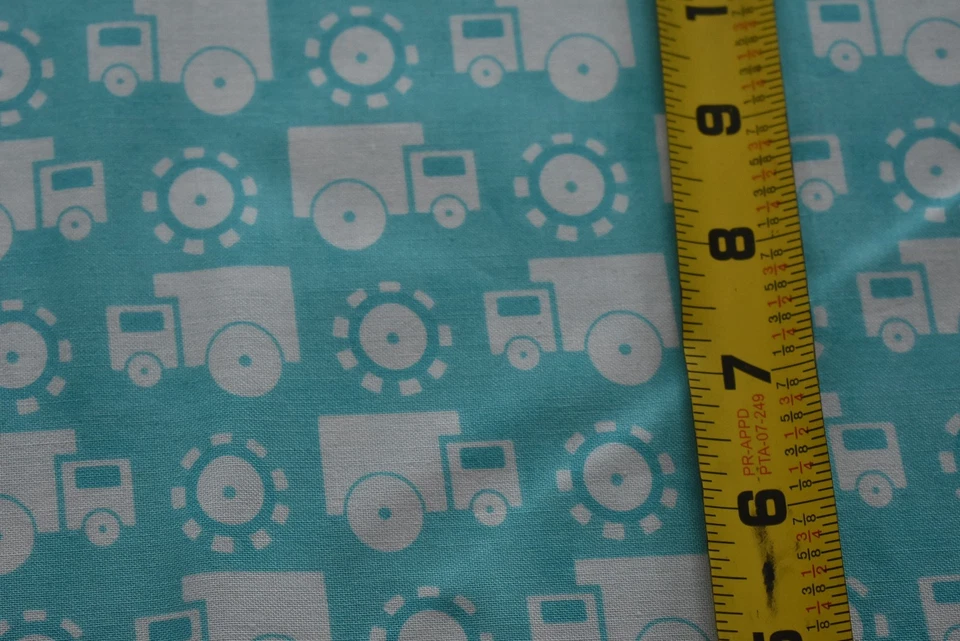 30" Long, White Trucks on Turquoise Quilt Cotton, Moda/Strain & Turnmire, N3218 - Image 1 of 4