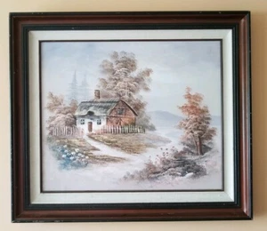 Landscape Painting of Straw House in the Summer Woods Cottage Signed Cartson...? - Picture 1 of 12