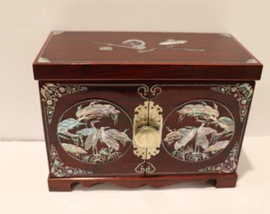 VINTAGE INLAID MOTHER OF PEARL ABALONE SHELL JEWELRY BOX CHEST LACQUERED - Picture 1 of 16