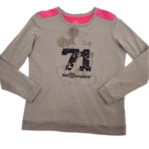 Disney Parks L Top Mickey Mouse Gray Sequin Long Sleeve Sweatshirt Womens Size - Picture 1 of 9