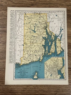 Antique 1944 Map Of Rhode Island (Providence Enlarged) 14”x11” Foto 1 de 4