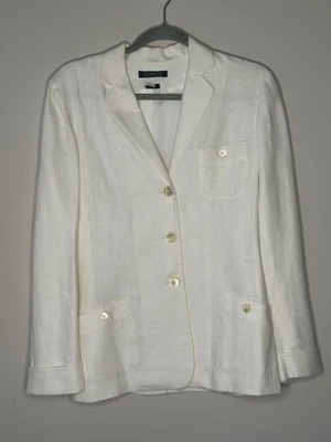 Ralph Lauren 亚麻西装外套夹克白色象牙色奶油色 3 按钮女式 6 — 第 1/4 张图片