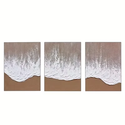 3pcs Sea Wave Painting in Neutral Tones  Wall Art Canvas  Unframed/Framed - Image 1 of 4