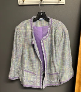Chaqueta Blazer Muescas Mujer Talla 2x Tweed Carrera Años 90 Púrpura Multicolor Flecos - Imagen 1 de 6