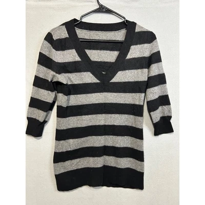 Striped V Neck Sweater Womens Top Size Medium 3/4 Sleeve Gray Black Soft Warm - Image 1 of 3