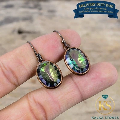 Brincos étnicos eletroformados feitos à mão gota de topázio místico arco-íris natural cobre - Imagem 1 de 4