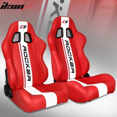 Universal Pair Reclinable Racing Seats  Dual Sliders Red PU Leather White Stripe Foto 1 de 4