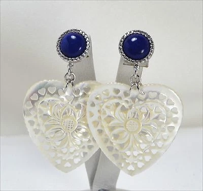 ORECCHINI IN ARGENTO 925 CON ZIRCONI LAPISLAZZULI E CUORE MADREPERLA AGHT 0588 - Immagine 1 di 3