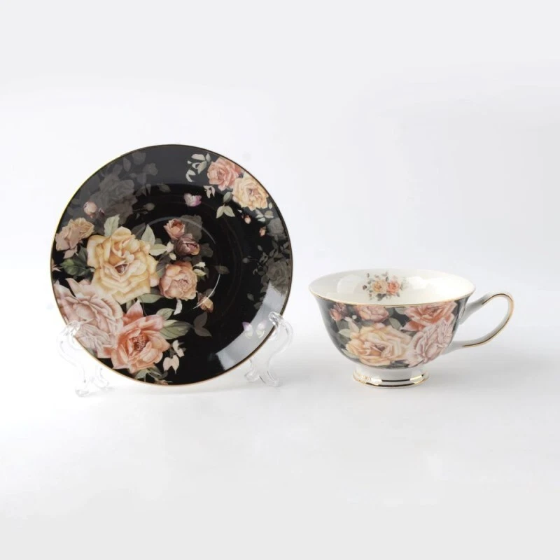 Grace Teaware Yellow Rose with Black Background Scallop Cup Saucer Set of 4 - Image 1 of 1