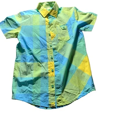 Camisa masculina UNDER ARMOUR botão pequeno azul amarelo alto Gorp skatista boliche - Imagem 1 de 4