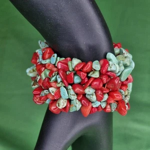 Vintage Natural Turquoise & Red Coral Wide Stretch Bracelet SW Boho 3" X 1.5" - Picture 1 of 14