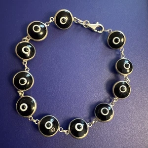 925 Sterling Silver Black Glass Evil Eye Bracelet 7 1/2” - Picture 1 of 6