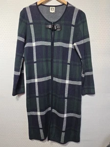 Anne Klein maglia a quadri Coatigan cardigan giacca verde navy chiusura a levetta lungo S - Foto 1 di 11