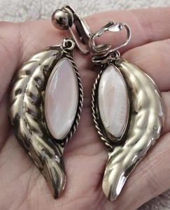 Vintage Mexican Mexico Alpaca Silver Abalone Shell Clip On Dangle Drop Earrings - Picture 1 of 5