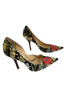 Guess Black Satin Floral Heels 8.5 M Pumps Wood Look Multicolor - Picture 1 of 6
