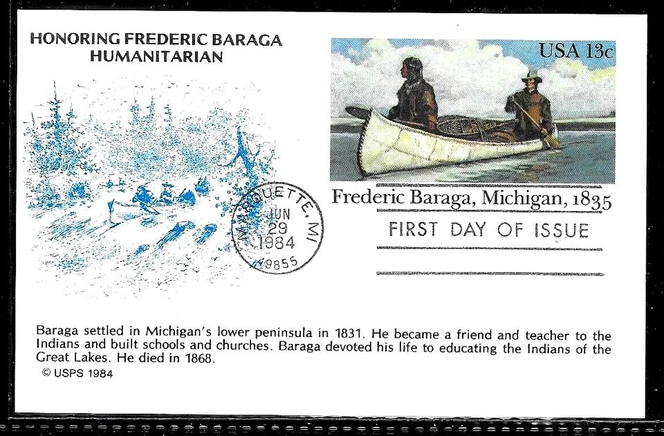 UX103 13c Postcard (1984) FREDERIC BARAGA THE DISCOVERER FDC FROM KMC VENTURE - Image 1 of 1