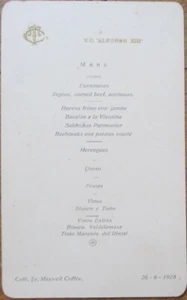 Spanish Ship 1928 Menu, VC Alfonso XIII, Maxwll Coffee, Spain - Picture 1 of 1